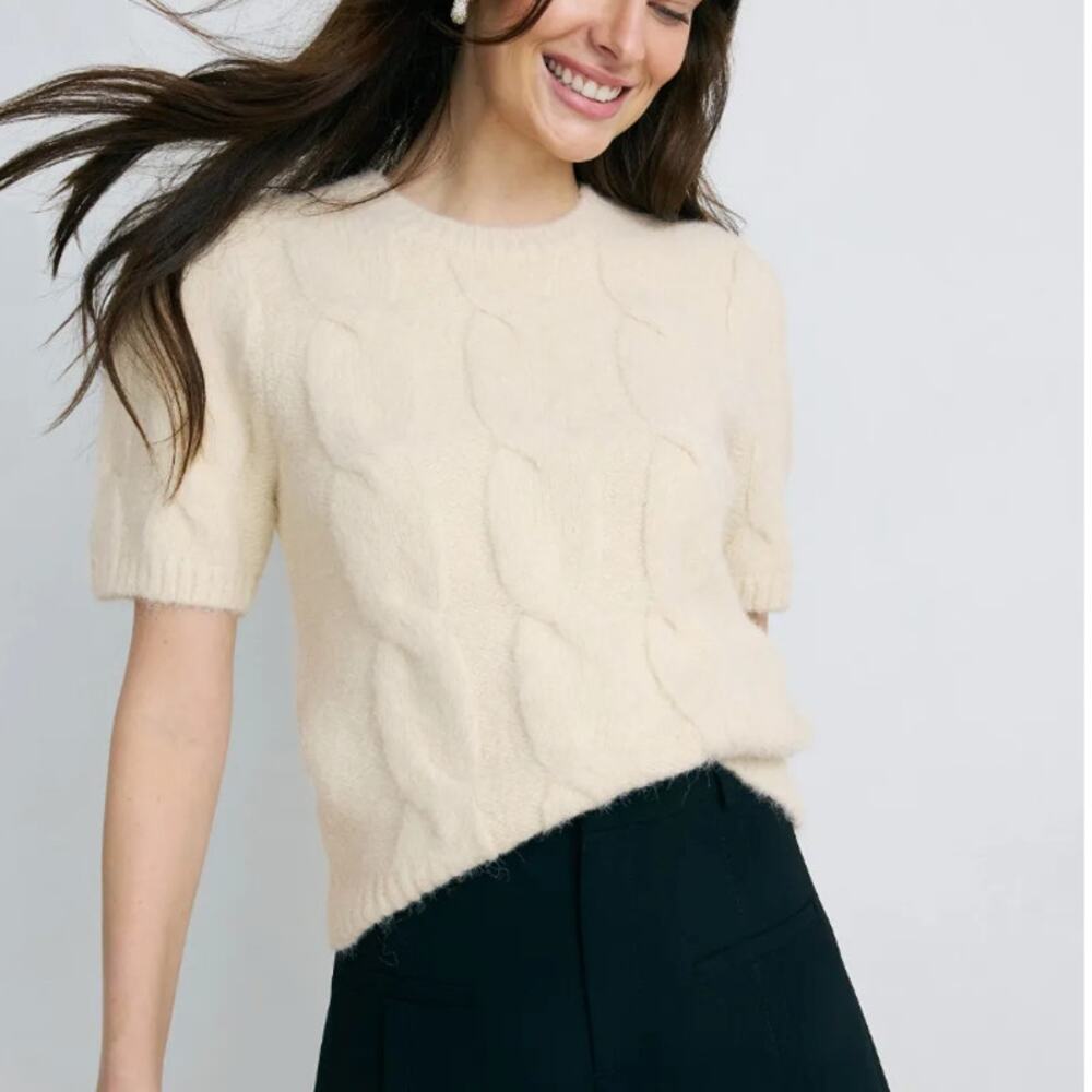 Ted Baker White Chunky Cable Knit Sweater LARGE Short Sleeve Oversized Soft $175